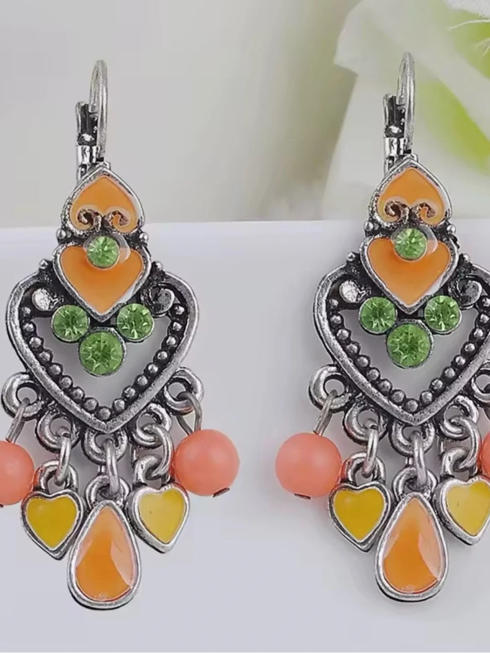 NEW Bohemian Orange & Green Heart Dangle Earrings